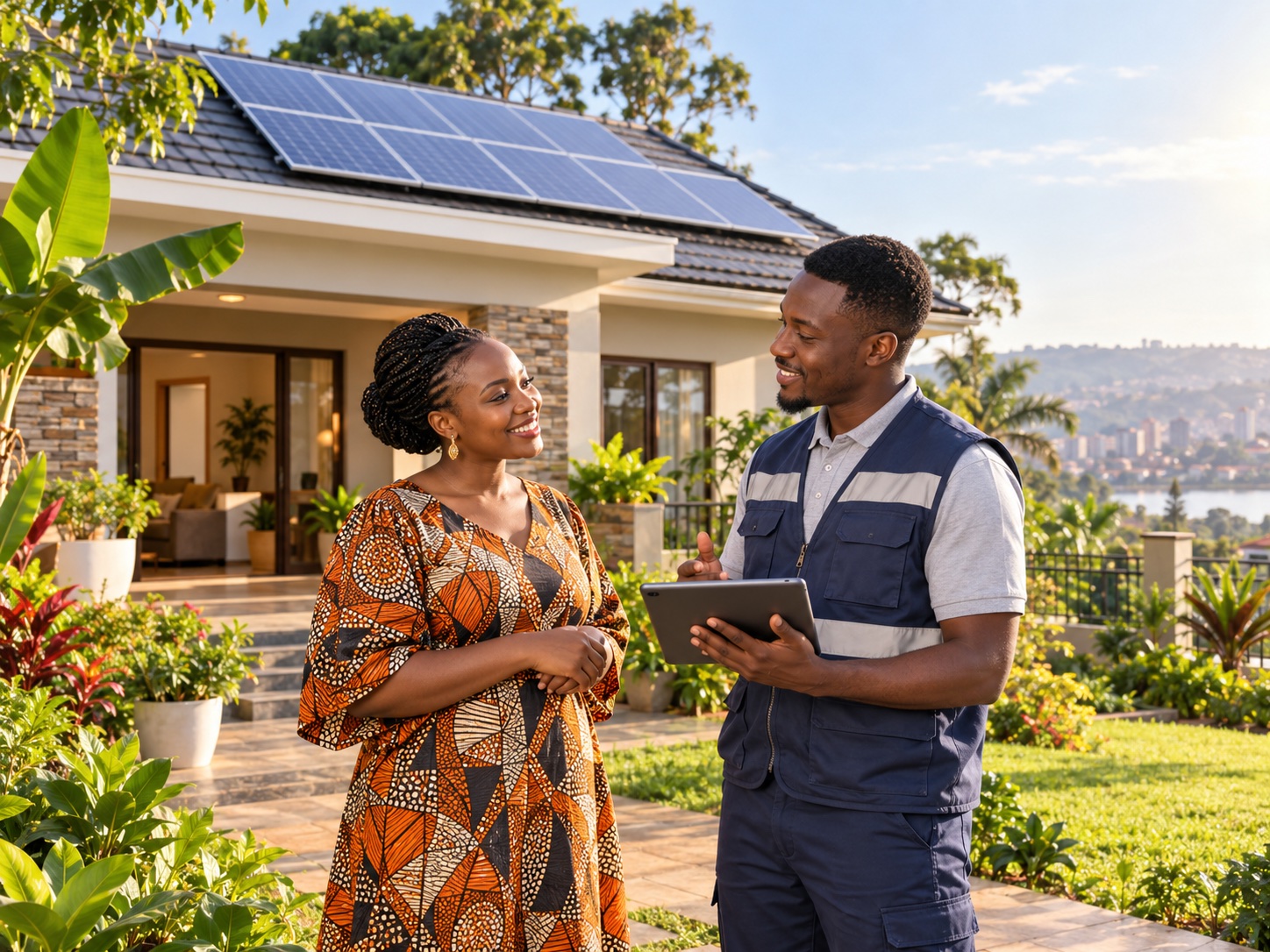 Ugandan homeowner discussing rooftop solar with a solar technician