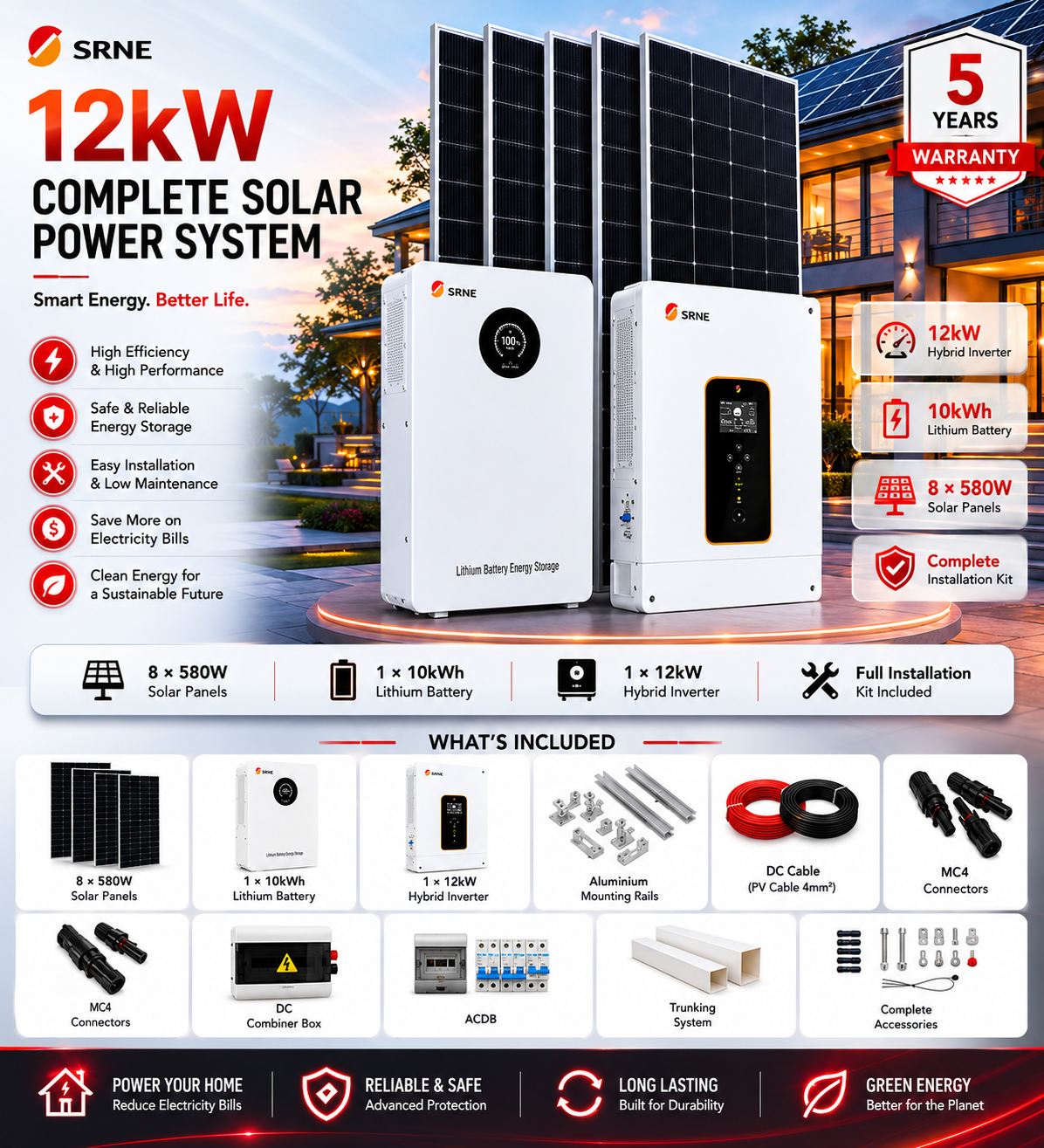 SRNE 10kWh Complete Solar Power System with 12kW Hybrid Inverter, 10kWh Lithium Battery, 580W Solar Panels, Mounting Rails, DC/AC Cables, MC4 Connectors, DC Combiner Box, ACDB, Trunking System & Complete Installation Accessories. Ideal for Larger home and small business backup power, Office