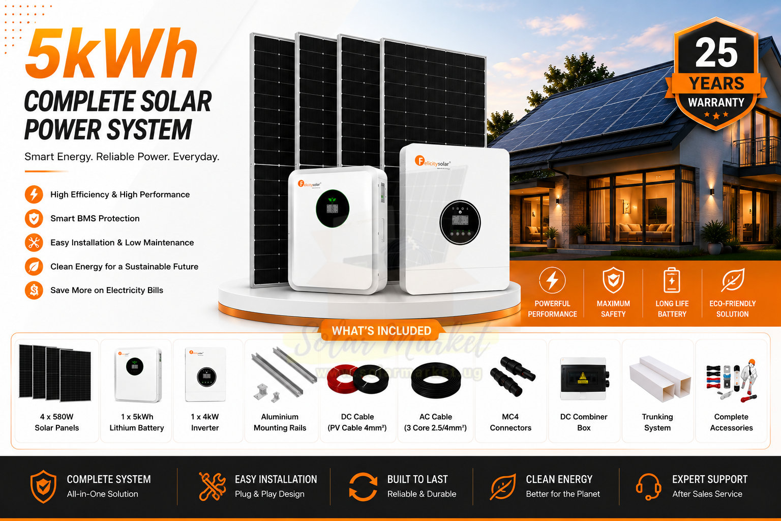 Felicity 5kWh Complete Solar Power System with 4kW Inverter, 5kWh Lithium Battery, 4 x 580W Solar Panels, Mounting Rails, DC/AC Cables, MC4 Connectors, DC Combiner Box, Trunking System & Comp
