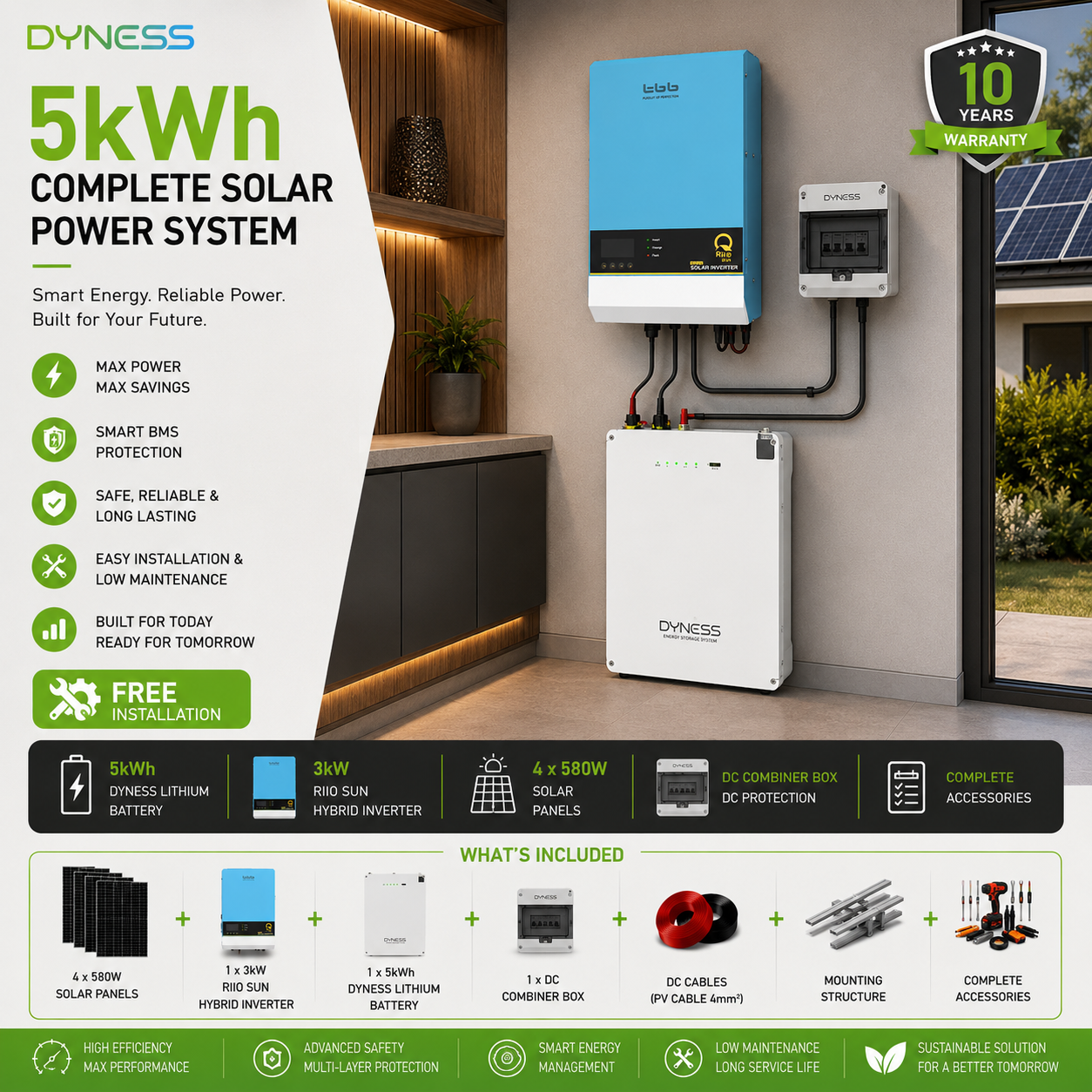 Dyness 5kWh Complete Solar Power System with 3kW Hybrid Inverter, 5kWh Lithium Battery, 4 x 580W Solar Panels, DC Combiner Box, DC Cables, Mounting Structure & Complete Accessories for residential backup, shops, small offices, appliance protection, generator savings and installation-ready solar