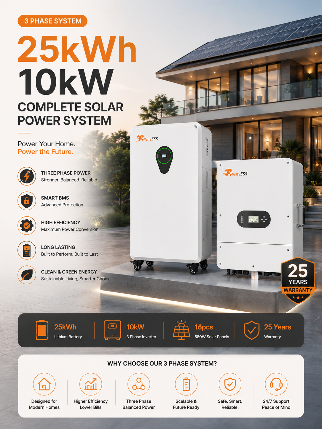 Felicity 25kWh 10kW 3 Phase Complete Solar Power System with 25kWh Lithium Battery, 10kW 3 Phase Inverter, 16 x 580W Solar Panels & Commercial Installation Accessories