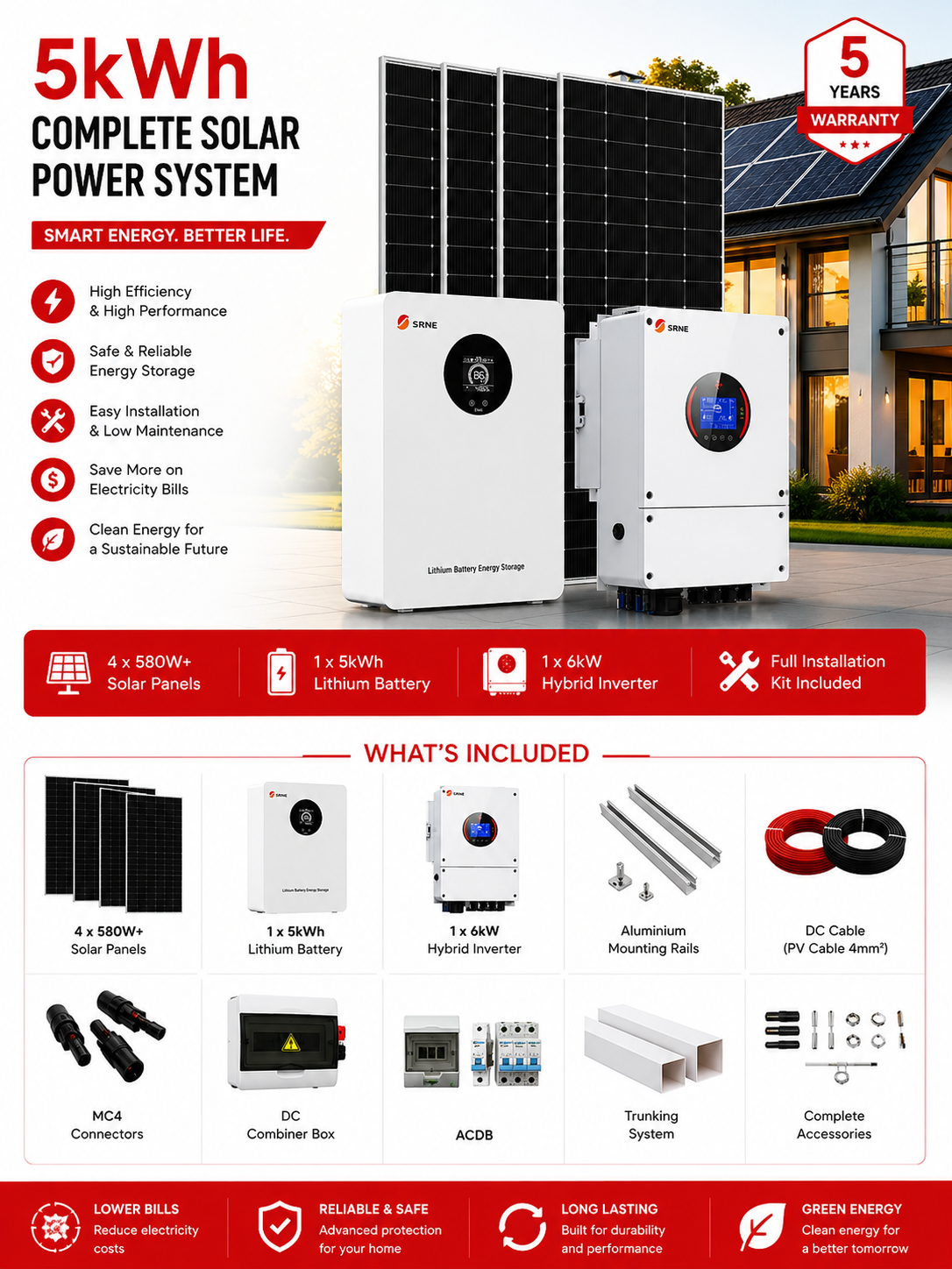 SRNE 5kWh Complete Solar Power System with 6kW Hybrid Inverter, 5kWh Lithium Battery, 580W Solar Panels+ Solar Panels, Mounting Rails, DC/AC Cables, MC4 Connectors, DC Combiner Box, ACDB, Trunking System & Complete Installation Accessories. Ideal for Small residential backup systems, Small office