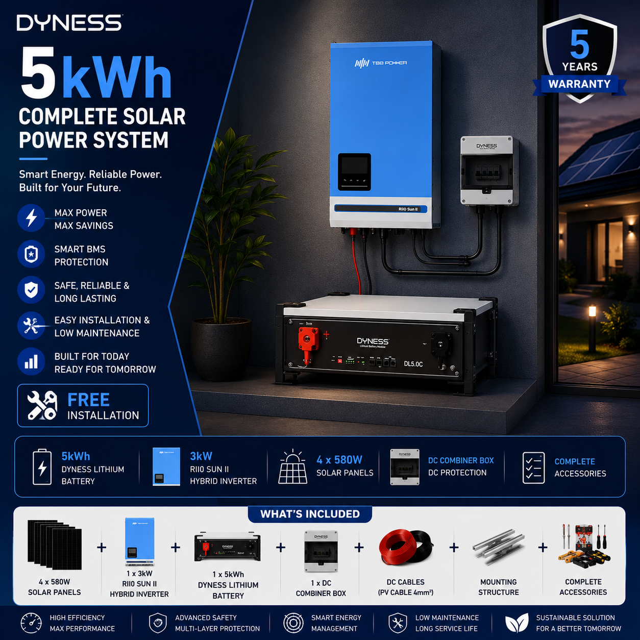 Dyness 5kWh Complete Solar Power System with 3kW Hybrid Inverter, 5kWh Lithium Battery, 4 x 580W Solar Panels, DC Combiner Box, DC Cables, Mounting Structure & Complete Accessories for residential backup, shops, small offices, appliance protection, generator savings and installation-ready solar