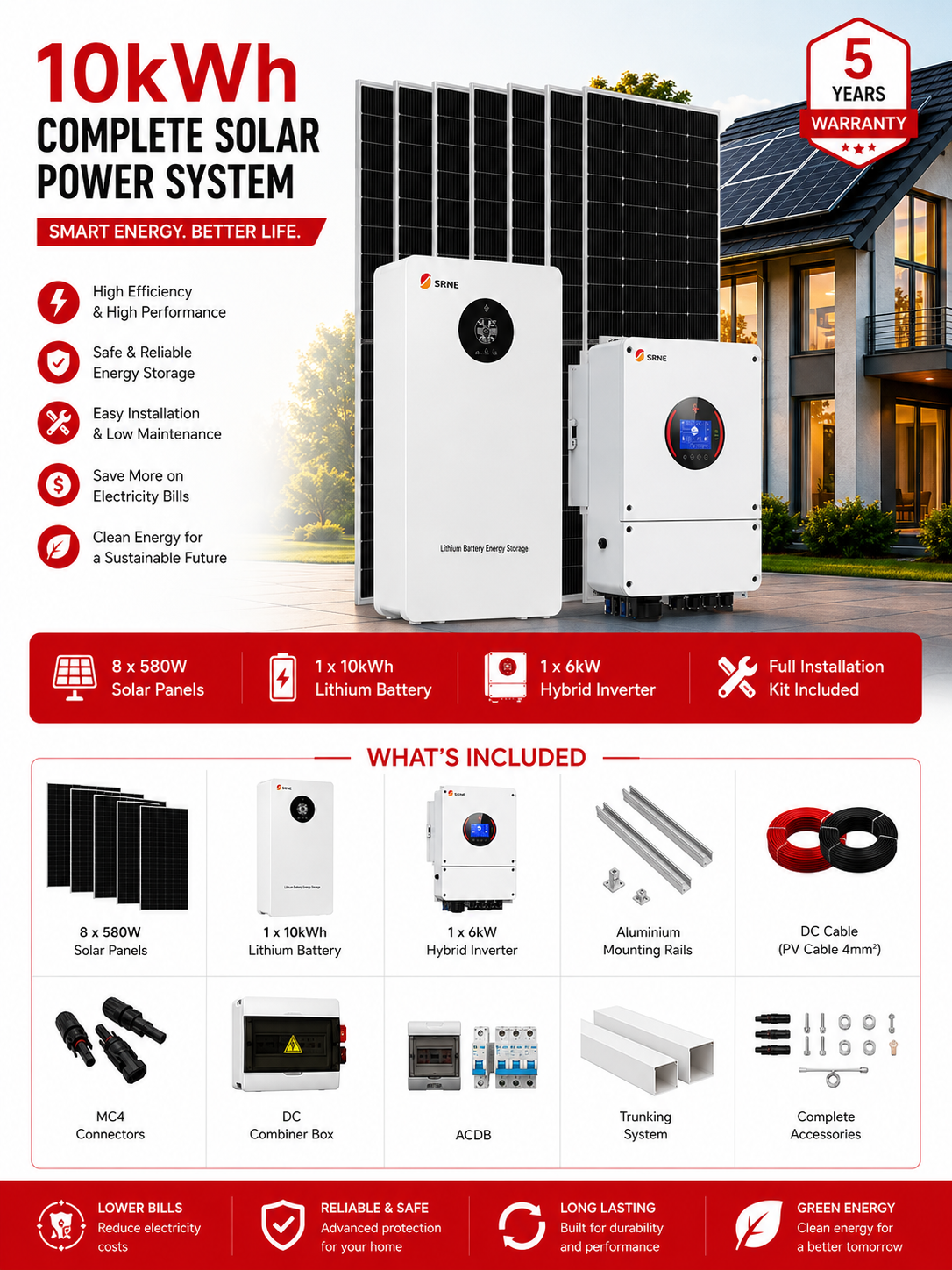 SRNE 10kWh Complete Solar Power System with 6kW Hybrid Inverter, 10kWh Lithium Battery, 580W Solar Panels, Mounting Rails, DC/AC Cables, MC4 Connectors, DC Combiner Box, ACDB, Trunking System & Complete Installation Accessories. Ideal for Residential backup power, Small office energy support