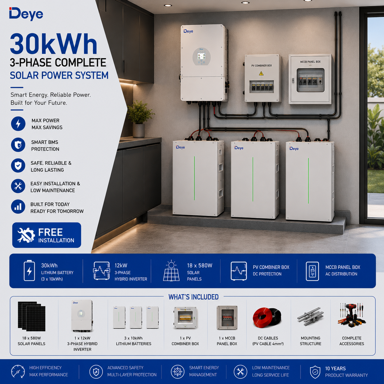 DEYE 30kWh Complete Solar Power System with 12kW 3 Phase Hybrid Inverter, 30kWh Lithium Battery, 18 x 580W Solar Panels, Mounting Rails, DC/AC Cables, MC4 Connectors, DC Combiner Box, ACDB, Trunking System & Installation Accessories. Includes mounting structure, DC and AC cables, changeover