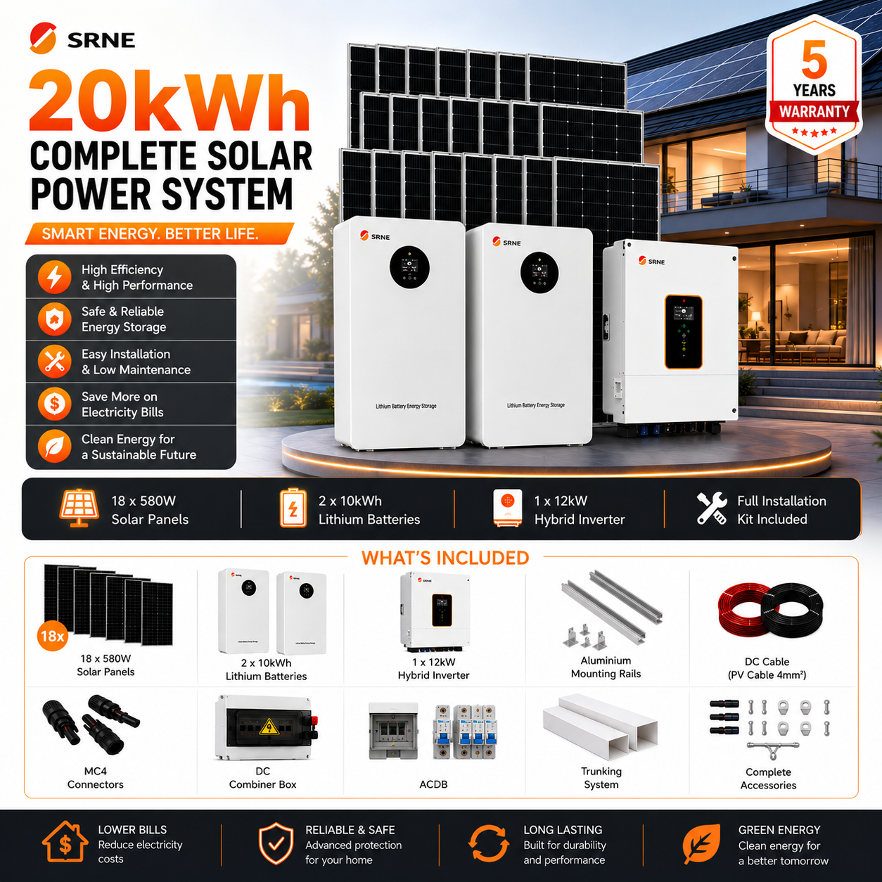 SRNE 20kWh Complete Solar Power System with 12kW Hybrid Inverter, 20kWh Lithium Battery, 580W Solar Panels, Mounting Rails, DC/AC Cables, MC4 Connectors, DC Combiner Box, ACDB, Trunking System & Complete Installation Accessories. Ideal for Large residential backup systems, Medium-sized commercial
