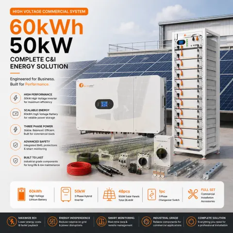 Felicitysolar 60kWh 50kW High Voltage Commercial Solar Power System with 3 Phase Hybrid Inverter, 48 x 550W Solar Panels, 3 Phase Changeover Switch & Full Commercial Installation Accessories