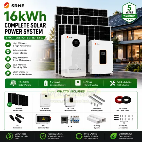 SRNE 12kW 16kWh Complete Solar System for Home and Small Business Backup with Lithium Battery, 6960W Solar Array, 230VAC Output, 5 Year Warranty (16kWh / 12kW Hybrid Inverter Package)