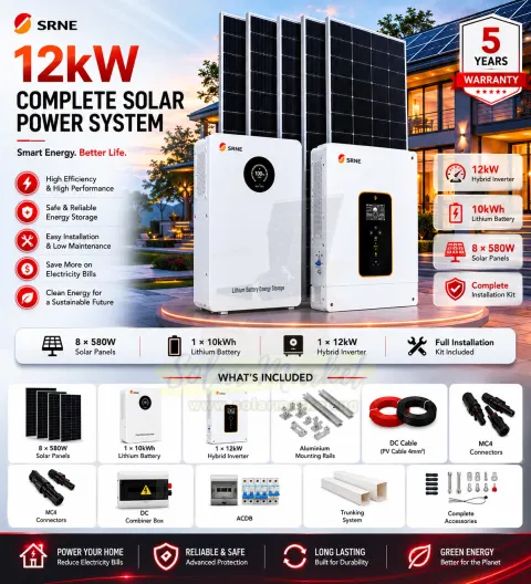 SRNE 10kWh Lithium Complete Solar System for Home and Small Business Backup 12kW Hybrid Inverter 4640W Solar Array 5 Year Warranty (10kWh Pro)