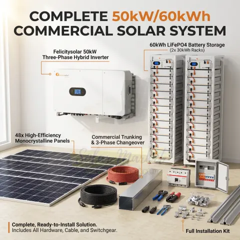 Felicitysolar 120kWh 50kW 3 Phase High Voltage Commercial & Industrial Energy Storage System with 2 x 60kWh Lithium Battery Banks, 100 x 550W Solar Panels, 3 Phase Hybrid Inverter, Changeover Switch & Full Commercial Installation Accessories