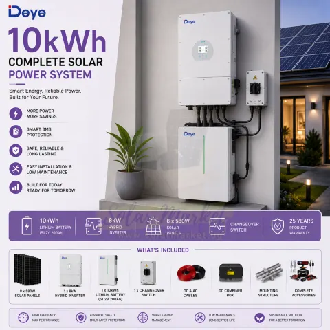 Deye 8kW Inverter Complete Hybrid Solar Power System for Home backup power and Small business energy 4.64kW / 4640W PV 10kWh Battery (10kwh)