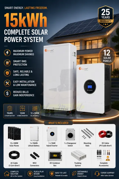 Felicity 15kWh Complete Solar Power System with 12kW Hybrid Inverter, 15kWh Lithium Battery, 12 x 580W Solar Panels, Changeover Switch, Mounting Rails, DC/AC Cables, MC4 Connectors, DC Combiner Box, Trunking System & Complete Accessories