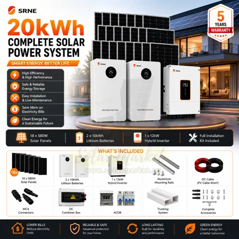 SRNE 20kWh 12kW Hybrid Inverter Complete Solar System for Home and Small Business Backup 10440W Solar Array 2x Lithium Batteries 230VAC Output 5 Years Warranty (20kwh)
