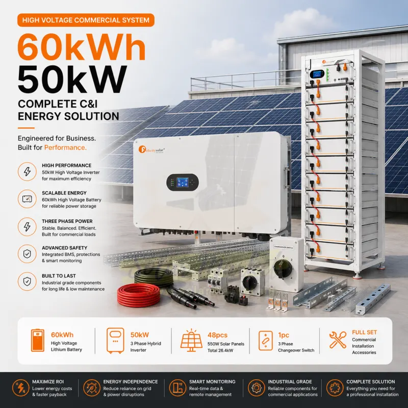 Felicitysolar 60kWh 50kW High Voltage Commercial Solar Power System with 3 Phase Hybrid Inverter, 48 x 550W Solar Panels, 3 Phase Changeover Switch & Full Commercial Installation Accessories