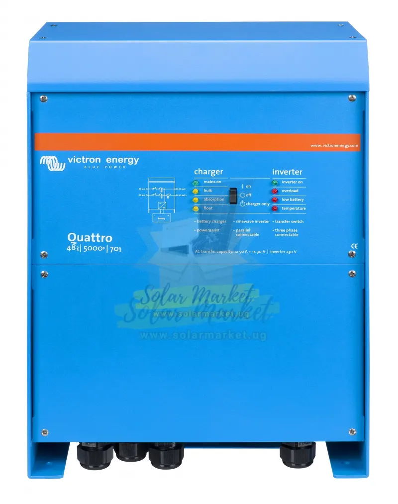 victron Inverter Chargers 5000VA power capacity with 48V inputDual AC inputs for connection to shore power and generatorsTwo AC outputs for prioritized power distributionUnique PowerAssist fu