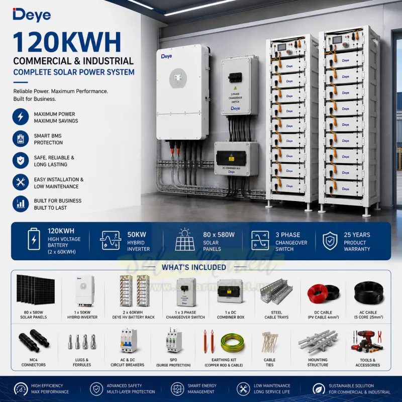 Deye 60kW 120kWh Complete Solar System for Commercial and Industrial Backup with 51.2V Lithium Battery, 230VAC Output, Dual MPPT, Expandable to 6 Units, 5 Year Warranty (120kWh HV)