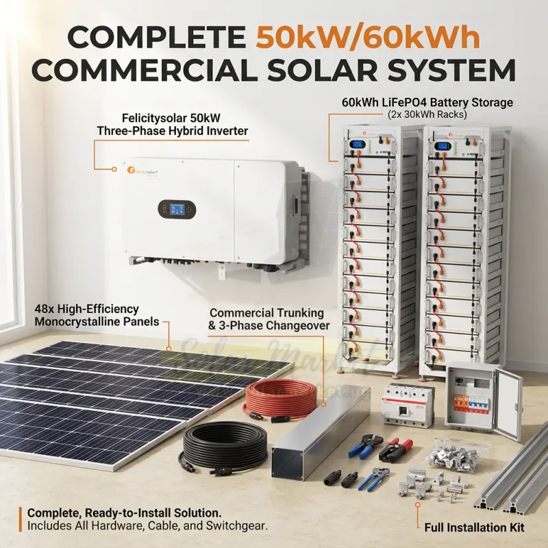 Felicitysolar 120kWh 50kW 3 Phase High Voltage Commercial & Industrial Energy Storage System with 2 x 60kWh Lithium Battery Banks, 100 x 550W Solar Panels, 3 Phase Hybrid Inverter, Changeover Switch & Full Commercial Installation Accessories