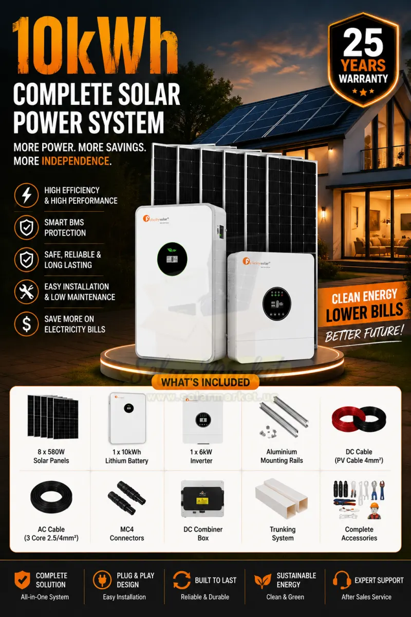 Felicity 10kWh Complete Solar Power System with 6kW Inverter, 10kWh Lithium Battery, 8 x 580W Solar Panels, Mounting Rails, DC/AC Cables, MC4 Connectors, DC Combiner Box, Trunking System & Complete Accessories