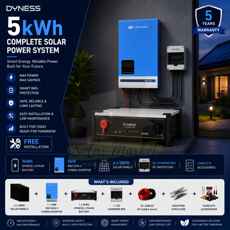Dyness 5kWh Complete Solar System for Home and Small Business Backup 5kW Inverter 2.32kW PV Array 51.2V Lithium Battery 580W Panels 4-Piece Mounting Structure Included (5kwh Pro)