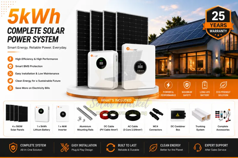 Felicity 5kWh Complete Solar Power System with 4kW Inverter, 5kWh Lithium Battery, 4 x 580W Solar Panels, Mounting Rails, DC/AC Cables, MC4 Connectors, DC Combiner Box, Trunking System & Complete Accessories
