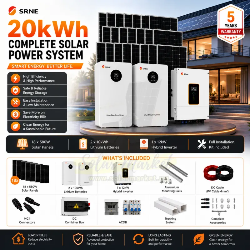 SRNE 20kWh 12kW Hybrid Inverter Complete Solar System for Home and Small Business Backup 10440W Solar Array 2x Lithium Batteries 230VAC Output 5 Years Warranty (20kwh)